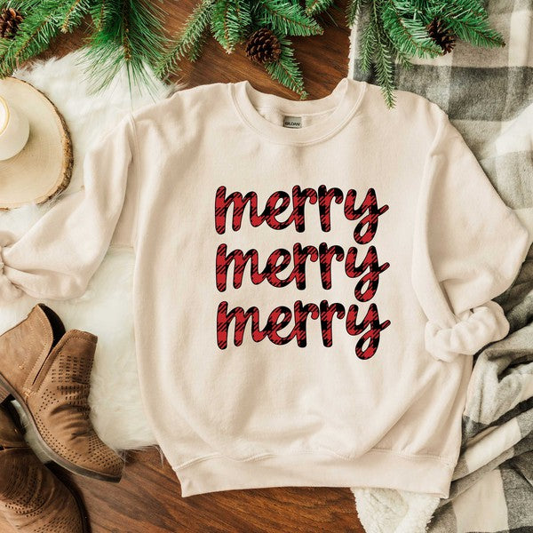 Buffalo Plaid Merry Stacked Graphic Sweatshirt | 4 Colors