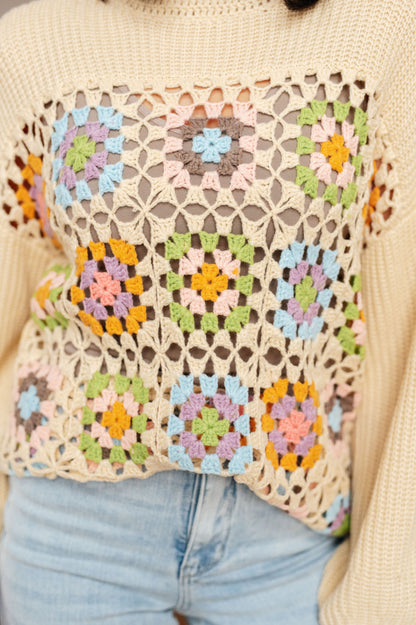 Square Dance Granny Square Crochet Sweater in Vanilla