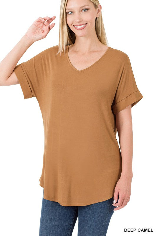 Luxe Rayon Short Cuff Sleeve V-Neck Round Hem Top | 3 Colors