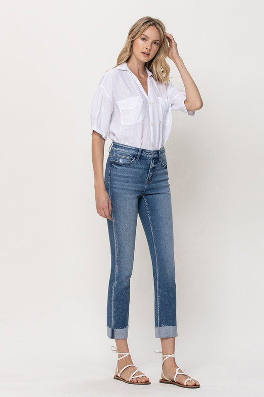 Mid-Rise Single Cuffed Crop Slim Straight Jeans