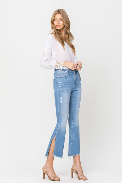 Mid Rise Crop Kick Flare With Side Slit  Jeans