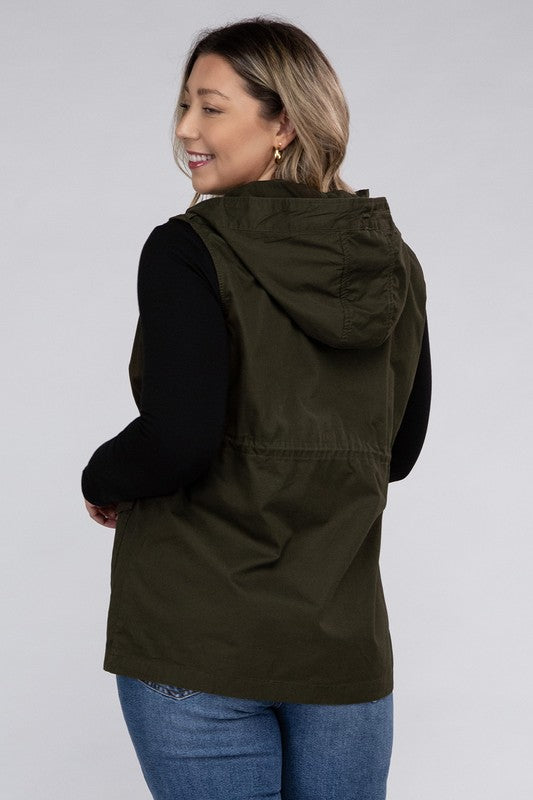 Plus Drawstring Waist Military Hoodie Vest | Black or Olive