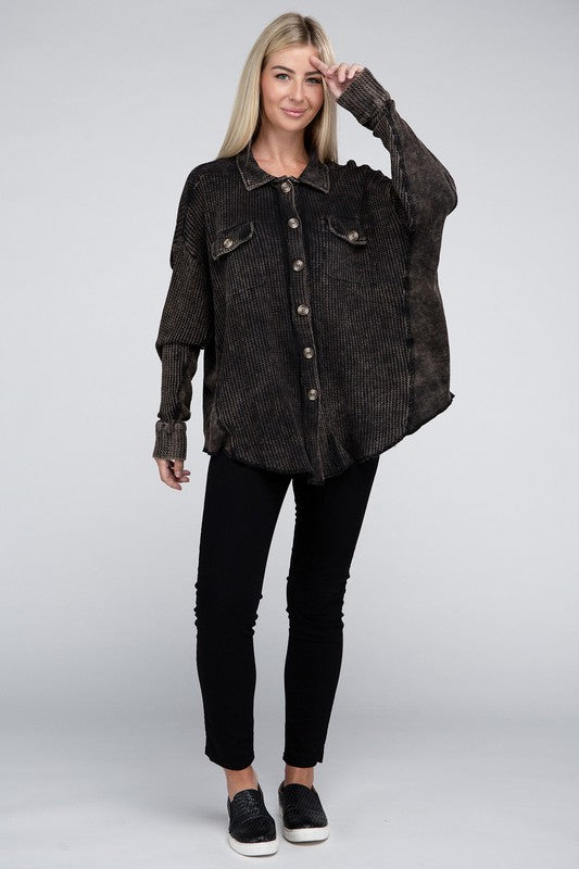 Acid Wash Oversized Cotton Waffle Shacket in Black