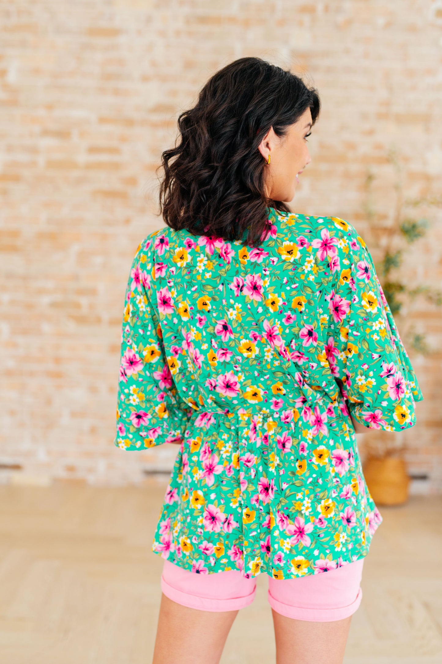 Dreamer Peplum Top in Emerald and Pink Floral