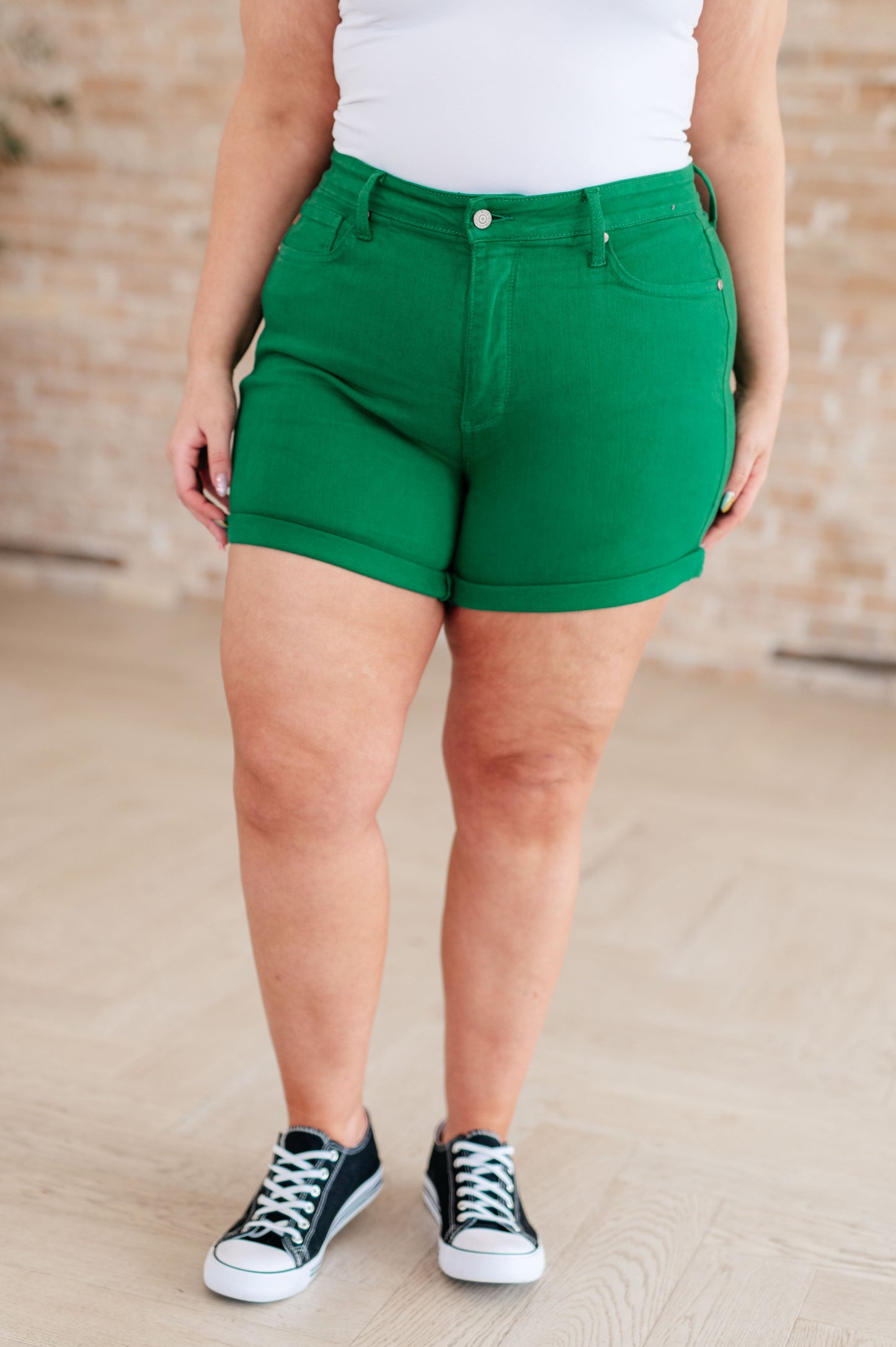 Jenna High Rise TUMMY Control Top Cuffed Shorts in Green | Judy Blue