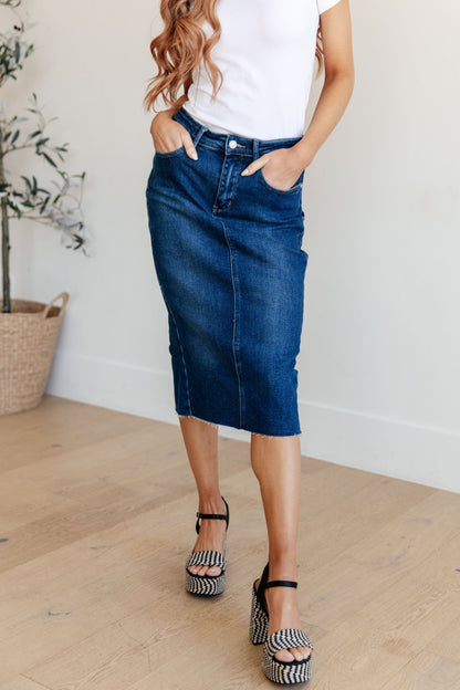 Marcy High Rise Denim Midi Skirt | Judy Blue