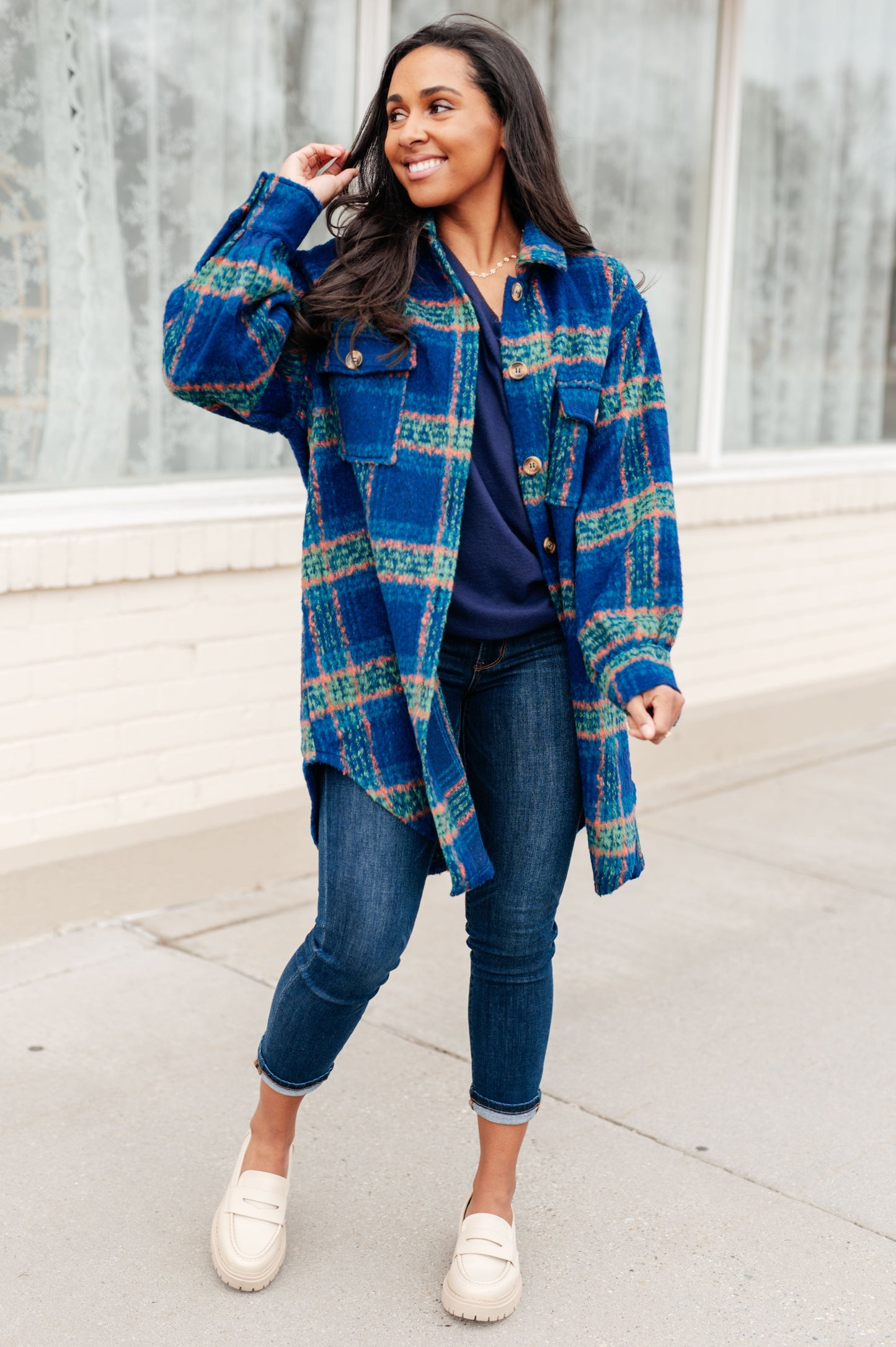 No Tears Brushed Flannel Plaid Coat in Directoire Blue