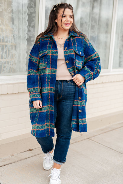 No Tears Brushed Flannel Plaid Coat in Directoire Blue