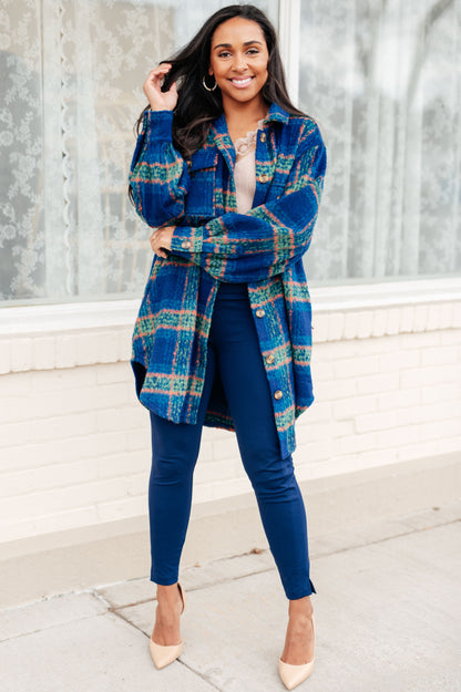 No Tears Brushed Flannel Plaid Coat in Directoire Blue