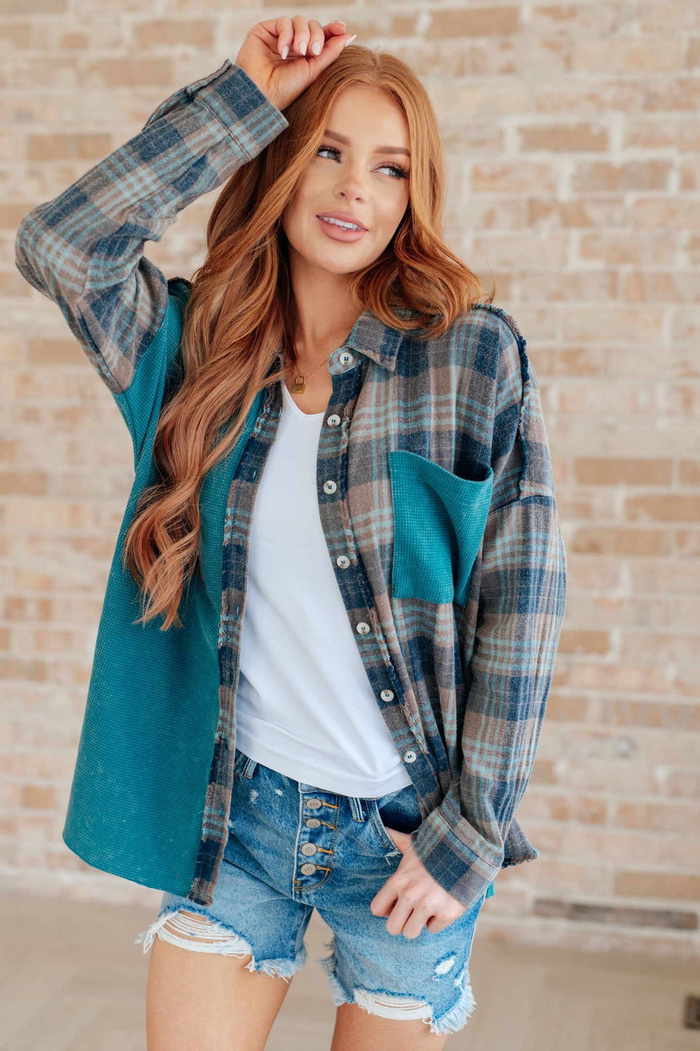 Tied for Time Thermal Plaid Button Up in Myrtle Green