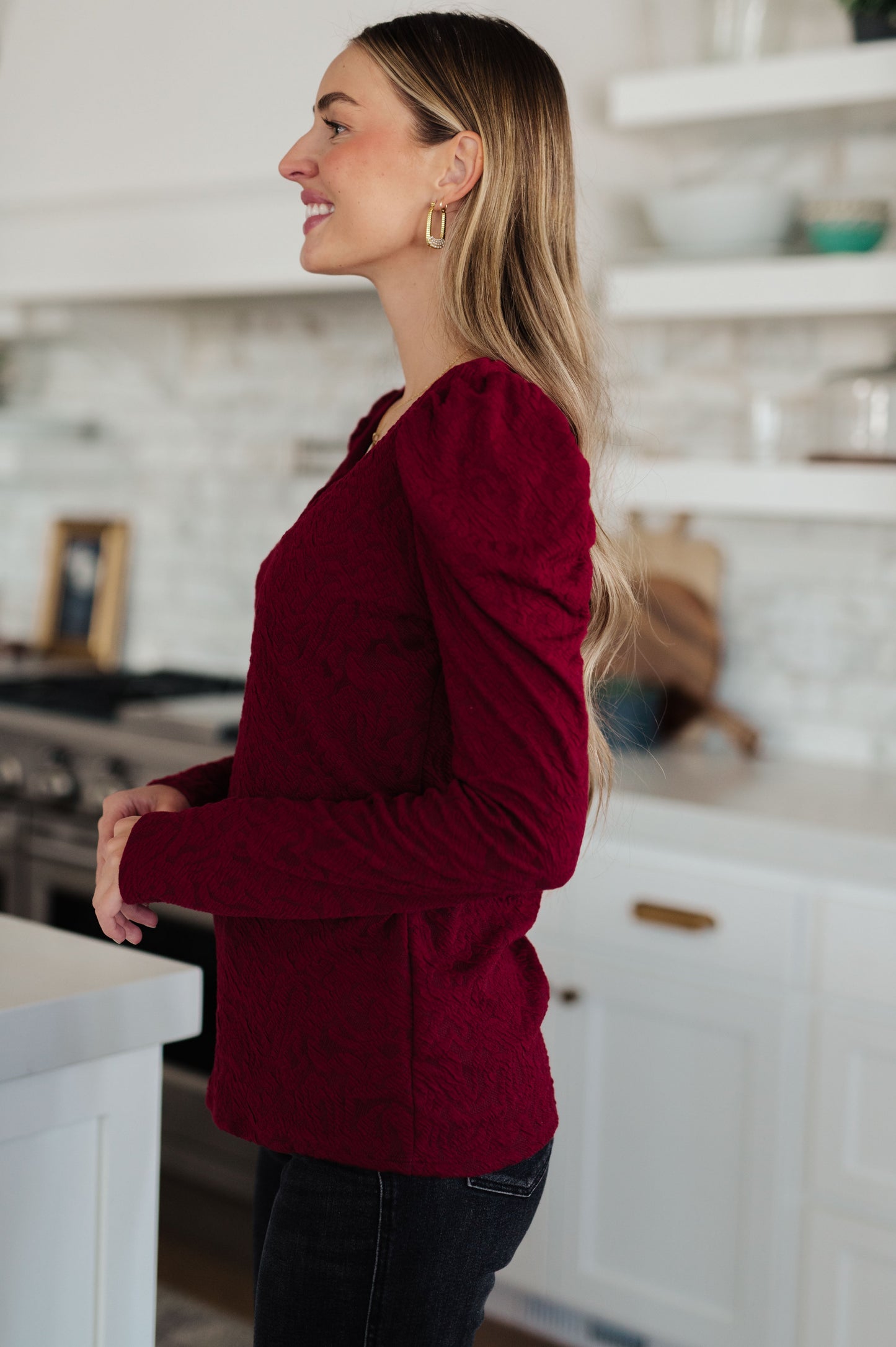 Ask A Question Ruched Sleeve Top in Rhubarb