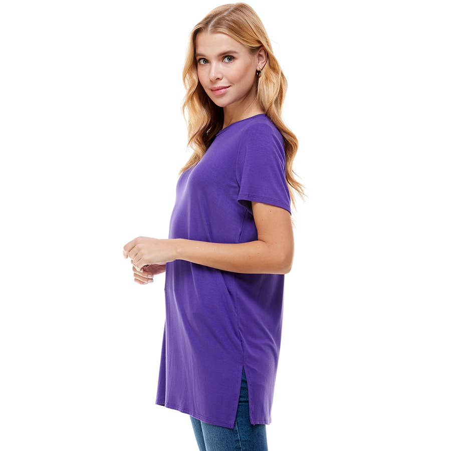 Purple Crew Neck Short Sleeve Slit Sides Tunic | 4 sizes