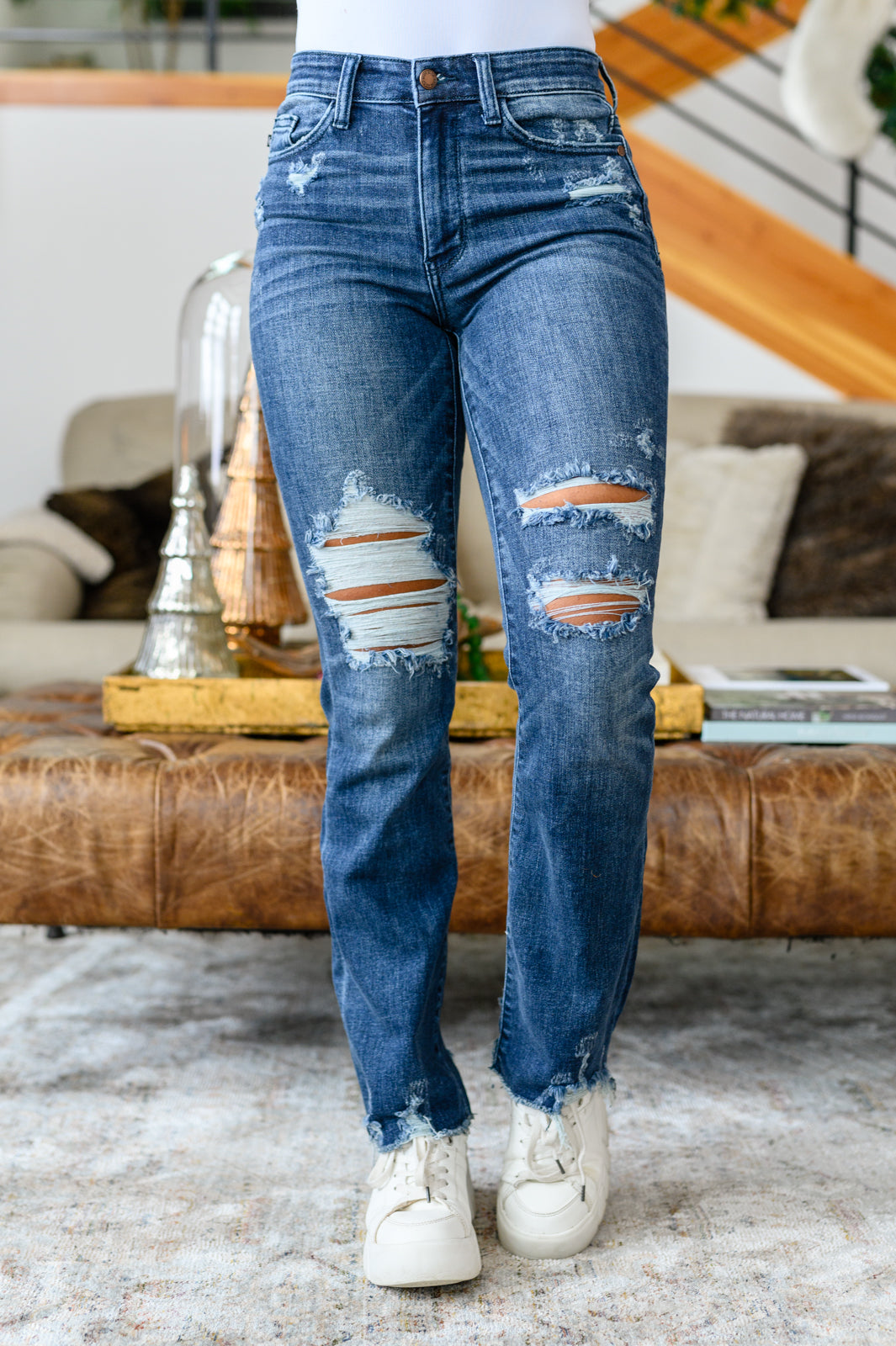 Christine High Contrast Slim Bootcut Mid Rise Destroyed Jeans | Judy Blue