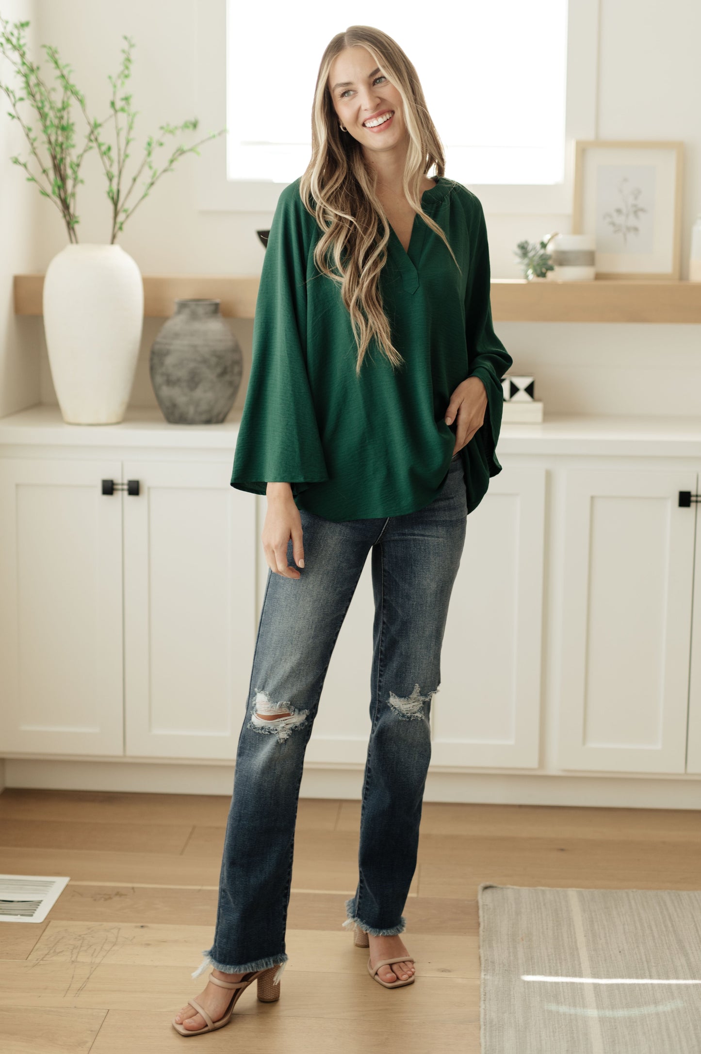 Climb On V-Neck Blouse in Forest Green
