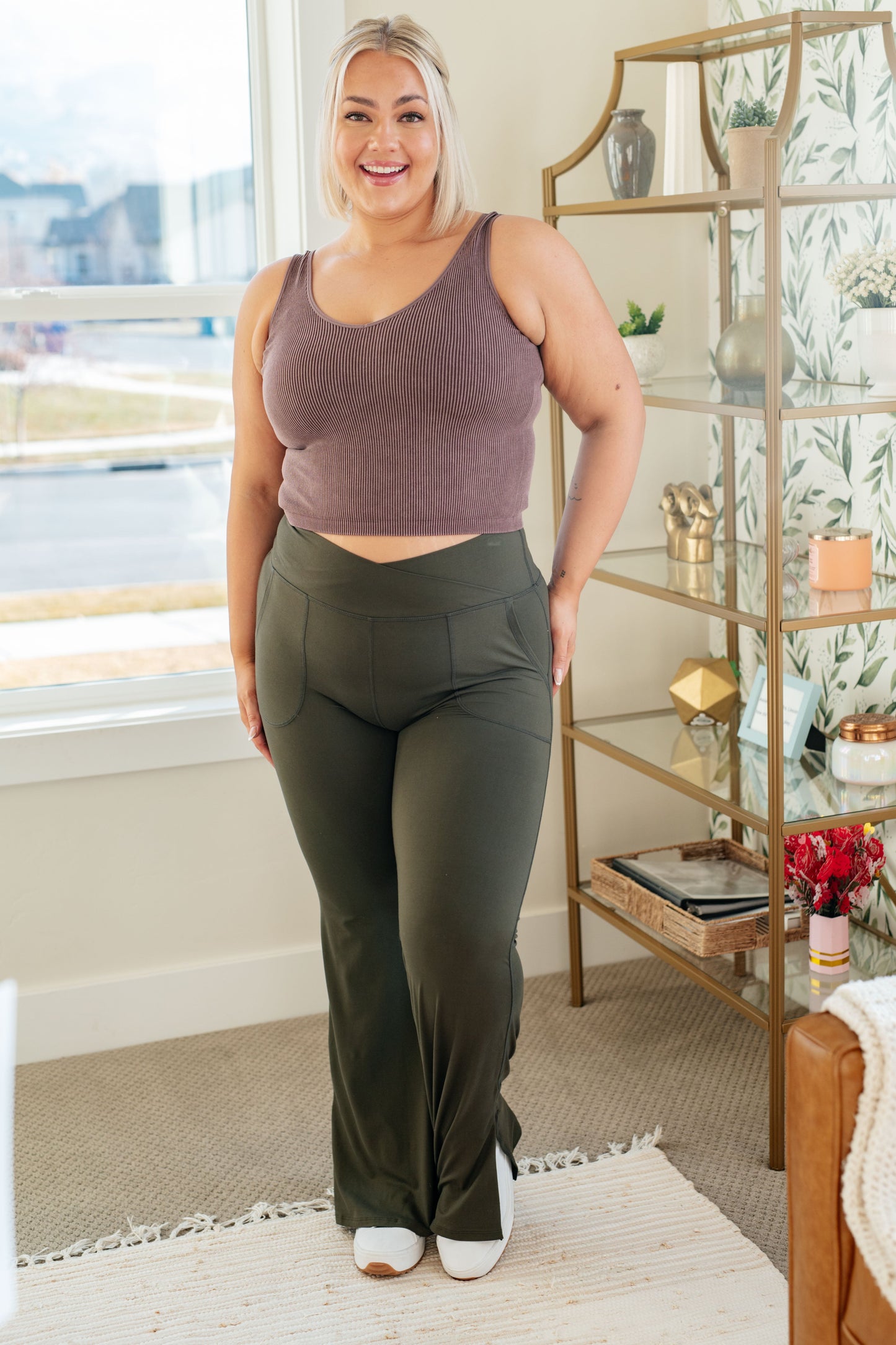 On the Move V Front Flare Leggings in Olive Night