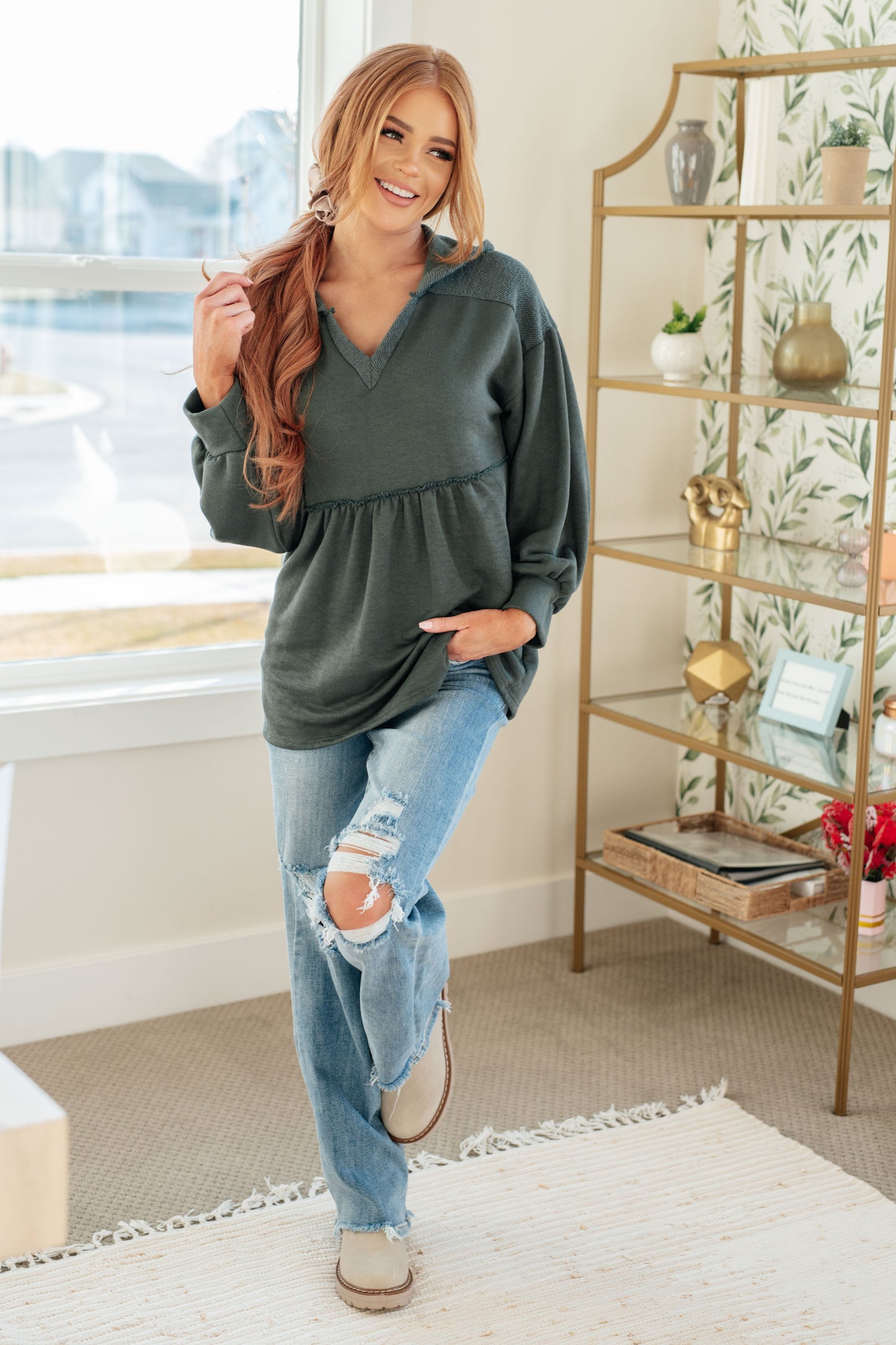 She's Not Wrong Hooded V-Neck Pullover in Mulled Basil