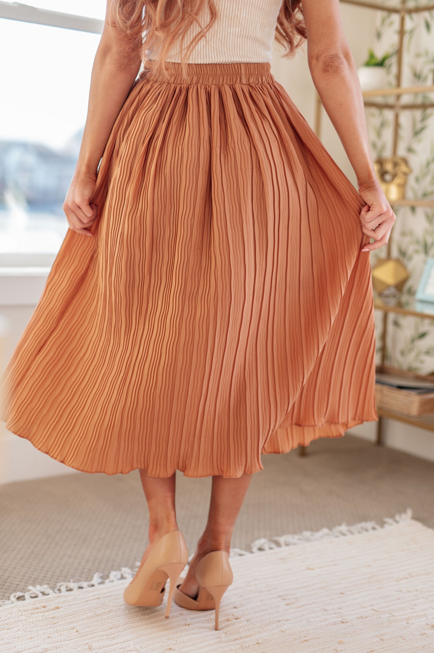 Are You Talking to Me Pleated Midi Skirt in Persimmon