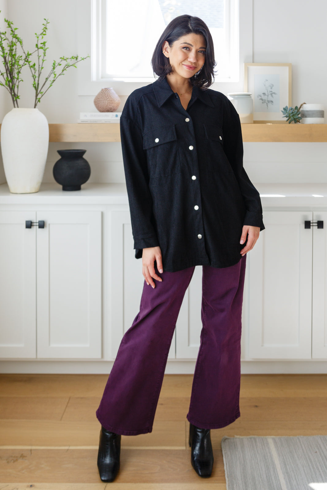 Come Rain or Shine Button Down Novelty Corduroy Top in Black