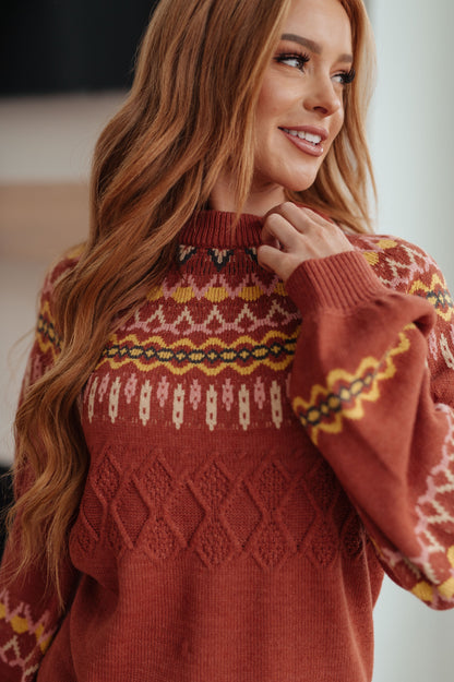 Cozy Chalet Fair Isle Sweater in Burnt Sienna