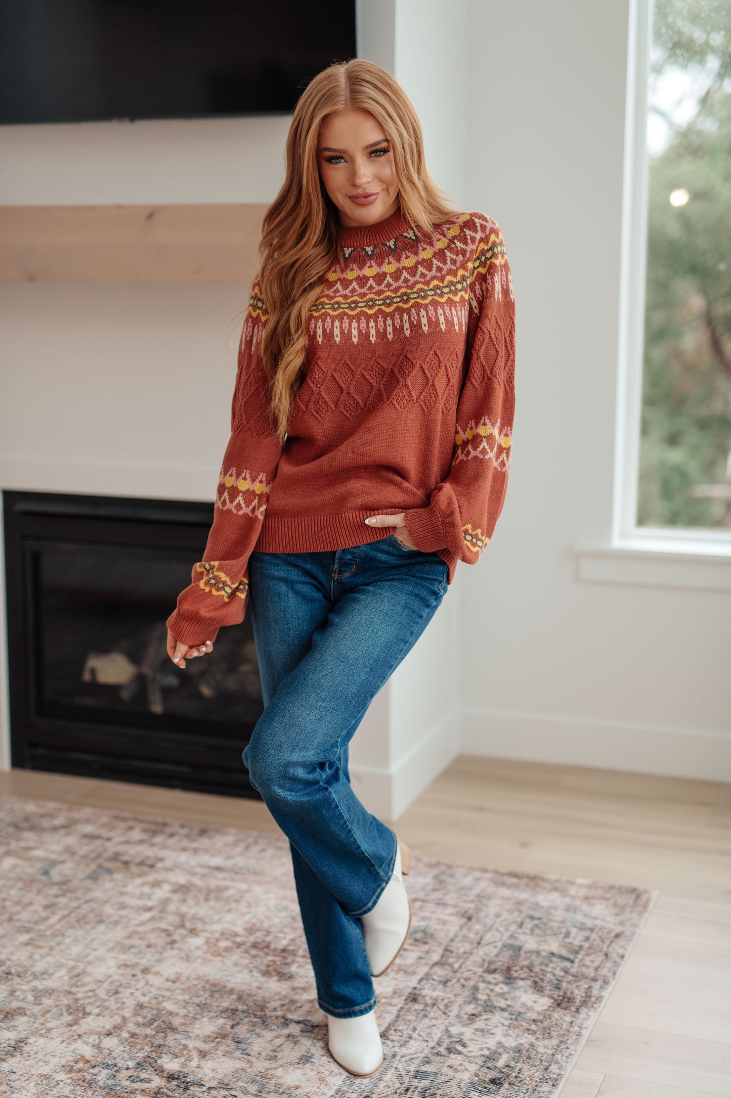 Cozy Chalet Fair Isle Sweater in Burnt Sienna