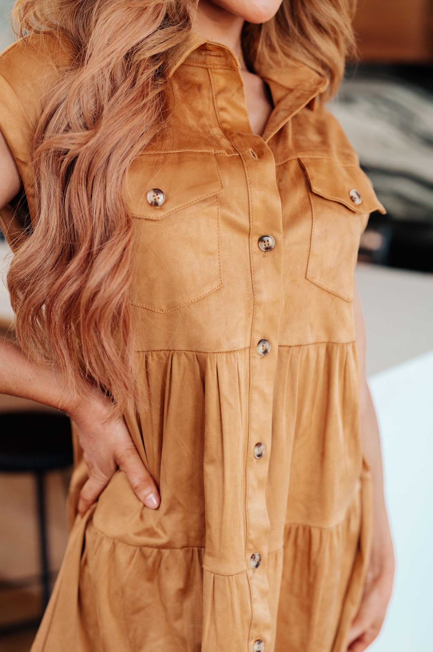 Don't Hang Up Faux Suede Shirt Dress in Desert Mist