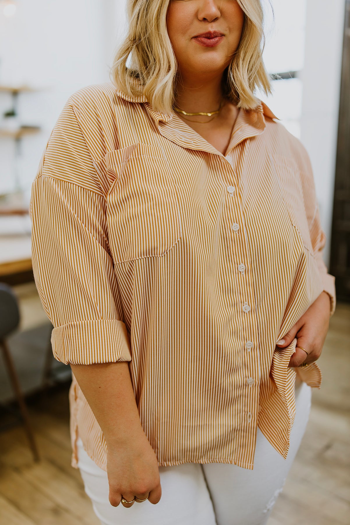 Easy On The Eyes Striped Button Up in Ecru