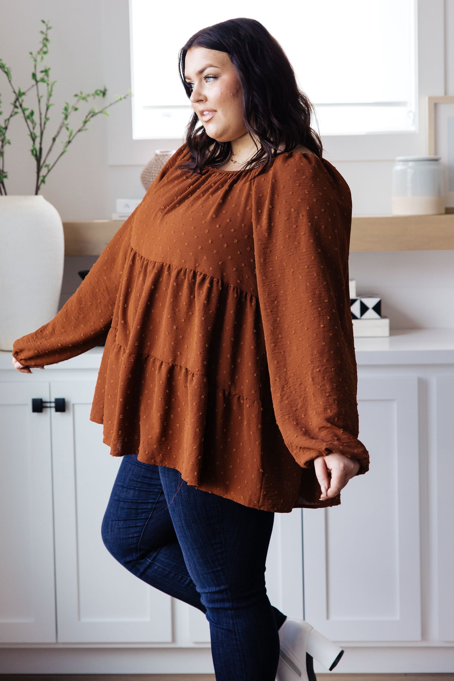 Falling Into You Tiered Babydoll Top in Copper Brown