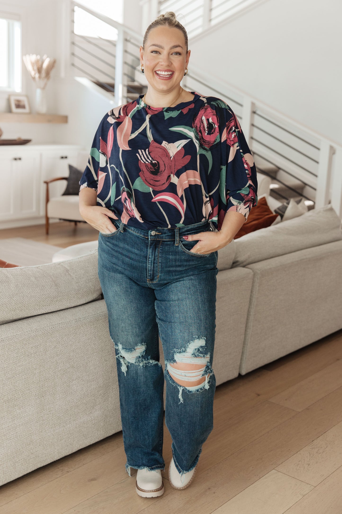 Float On Floral Top in Prussian Blue