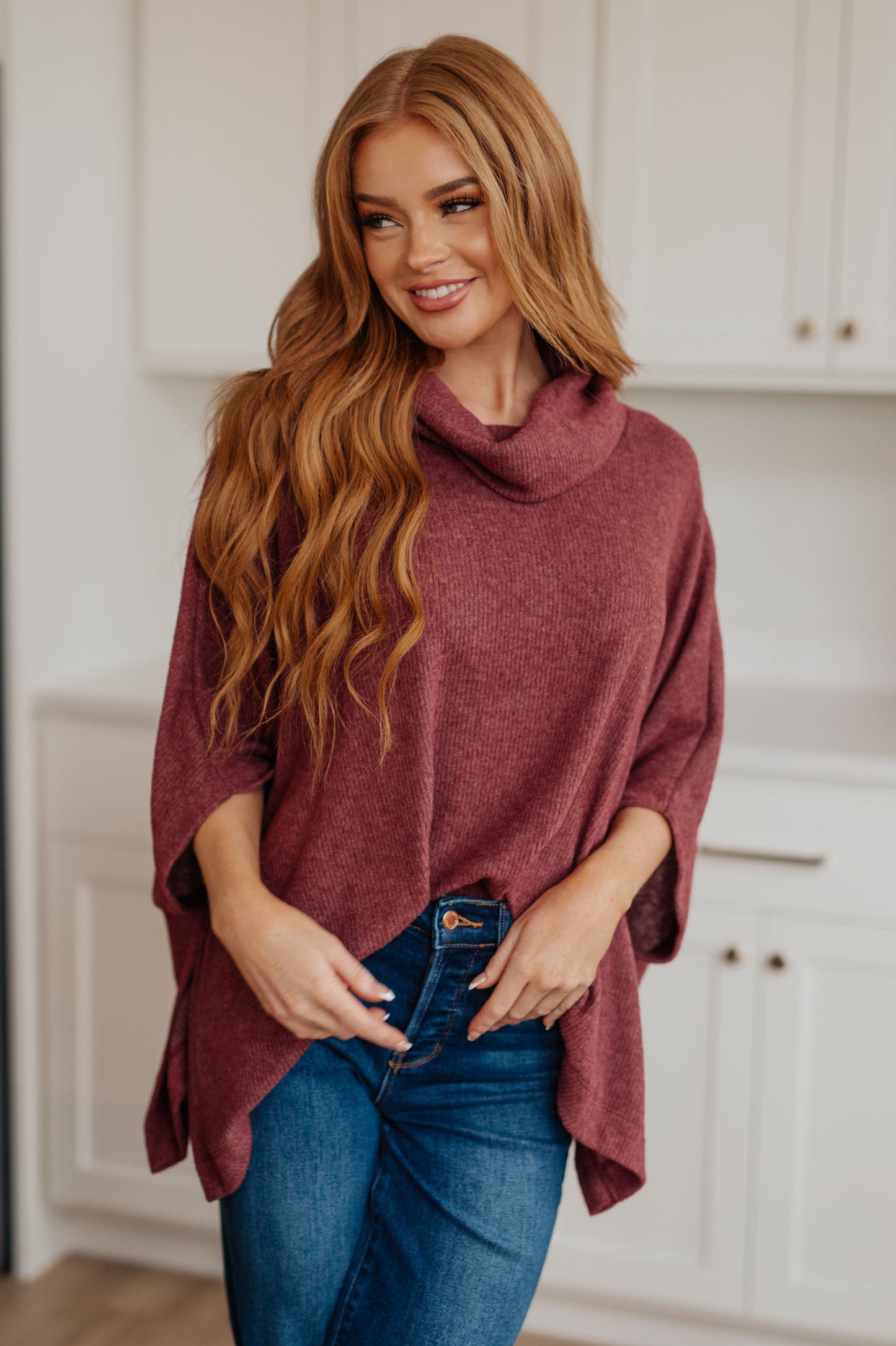 Forgive Me Cowl Neck Poncho in Mineral Red