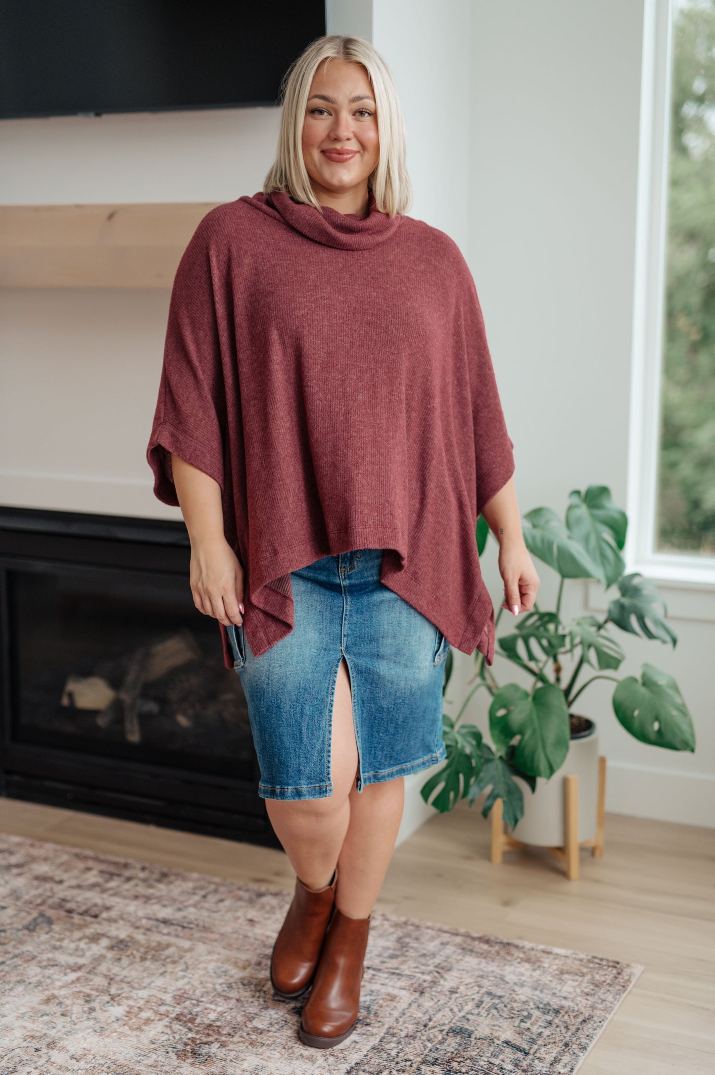 Forgive Me Cowl Neck Poncho in Mineral Red