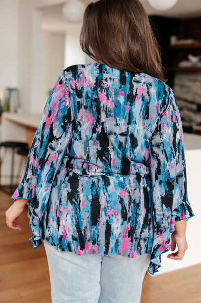 Have it All Angel Sleeve Top in Abstract Horizon Blue