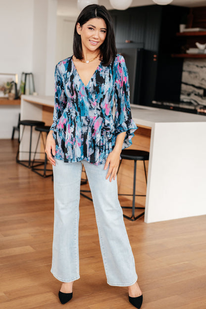 Have it All Angel Sleeve Top in Abstract Horizon Blue