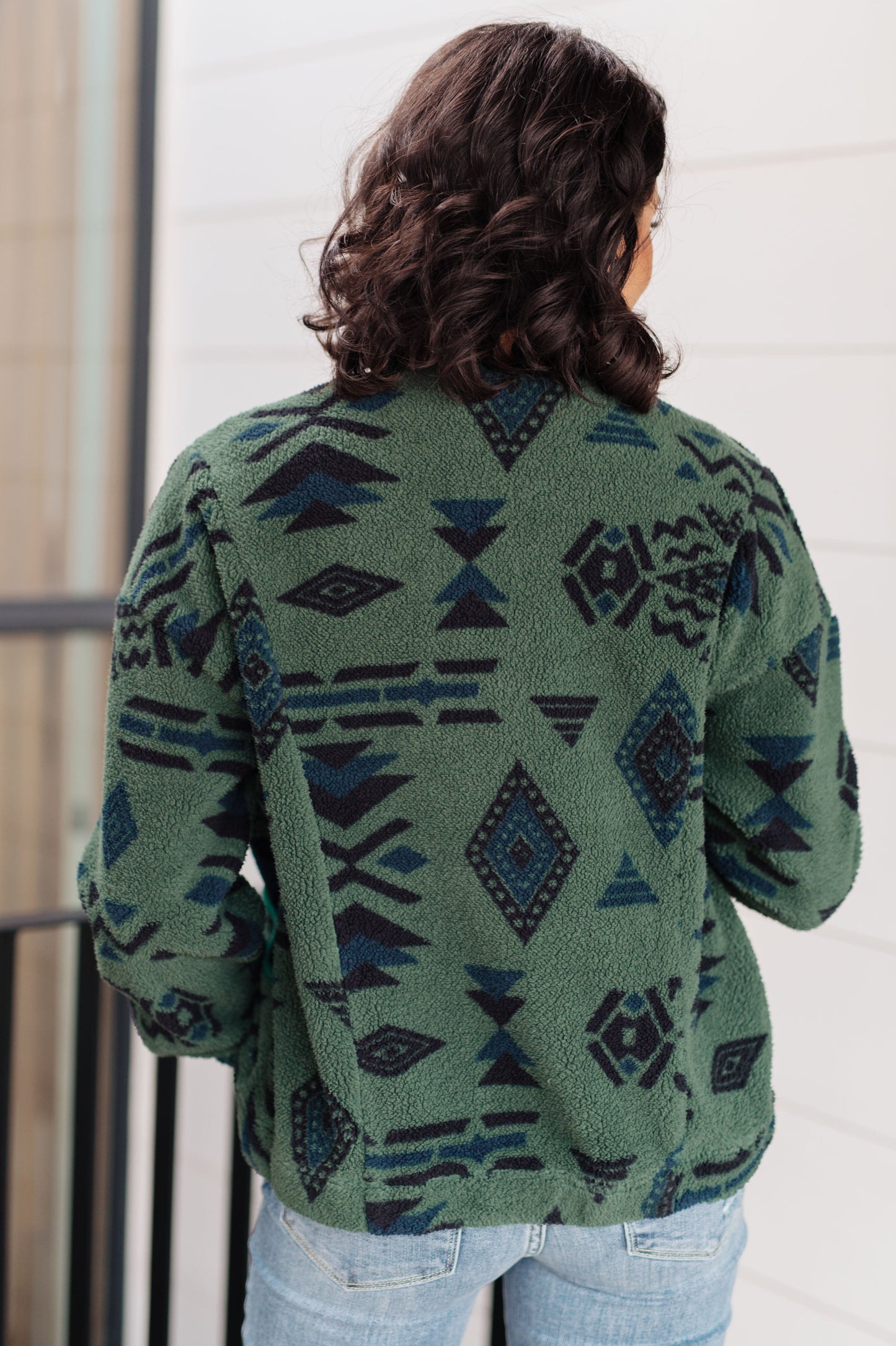 High Perspective Geometric Fleece in Frosty Spruce Green
