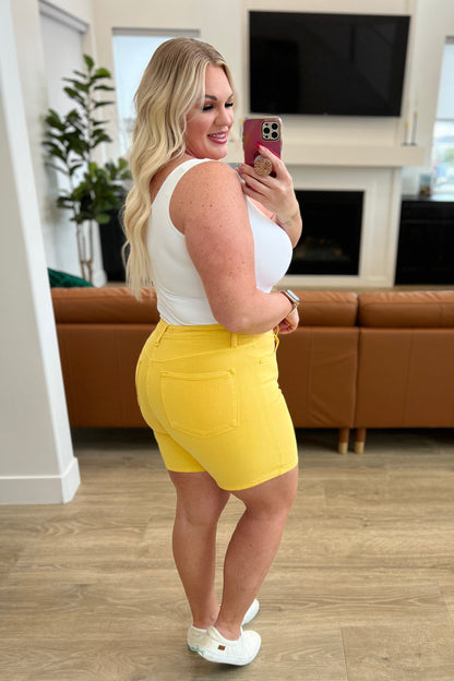 Jenna High Rise Control Top Cuffed Shorts in Yellow | Judy Blue