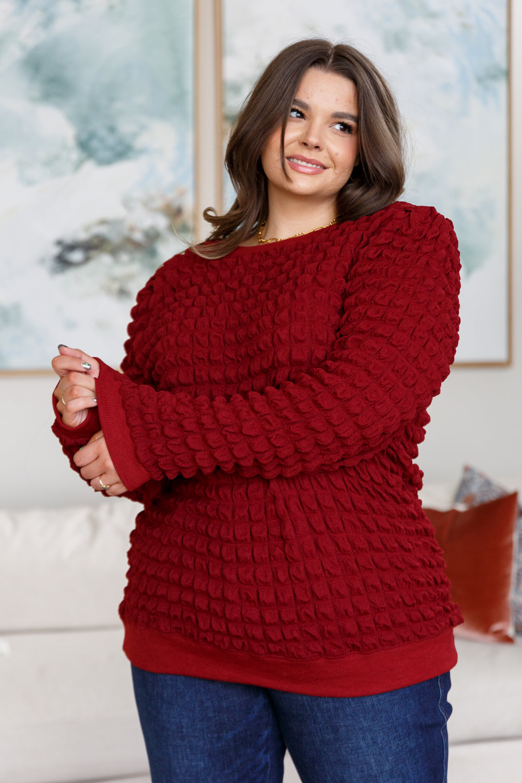 In Denial Bubble Pullover Sweater in Crimson