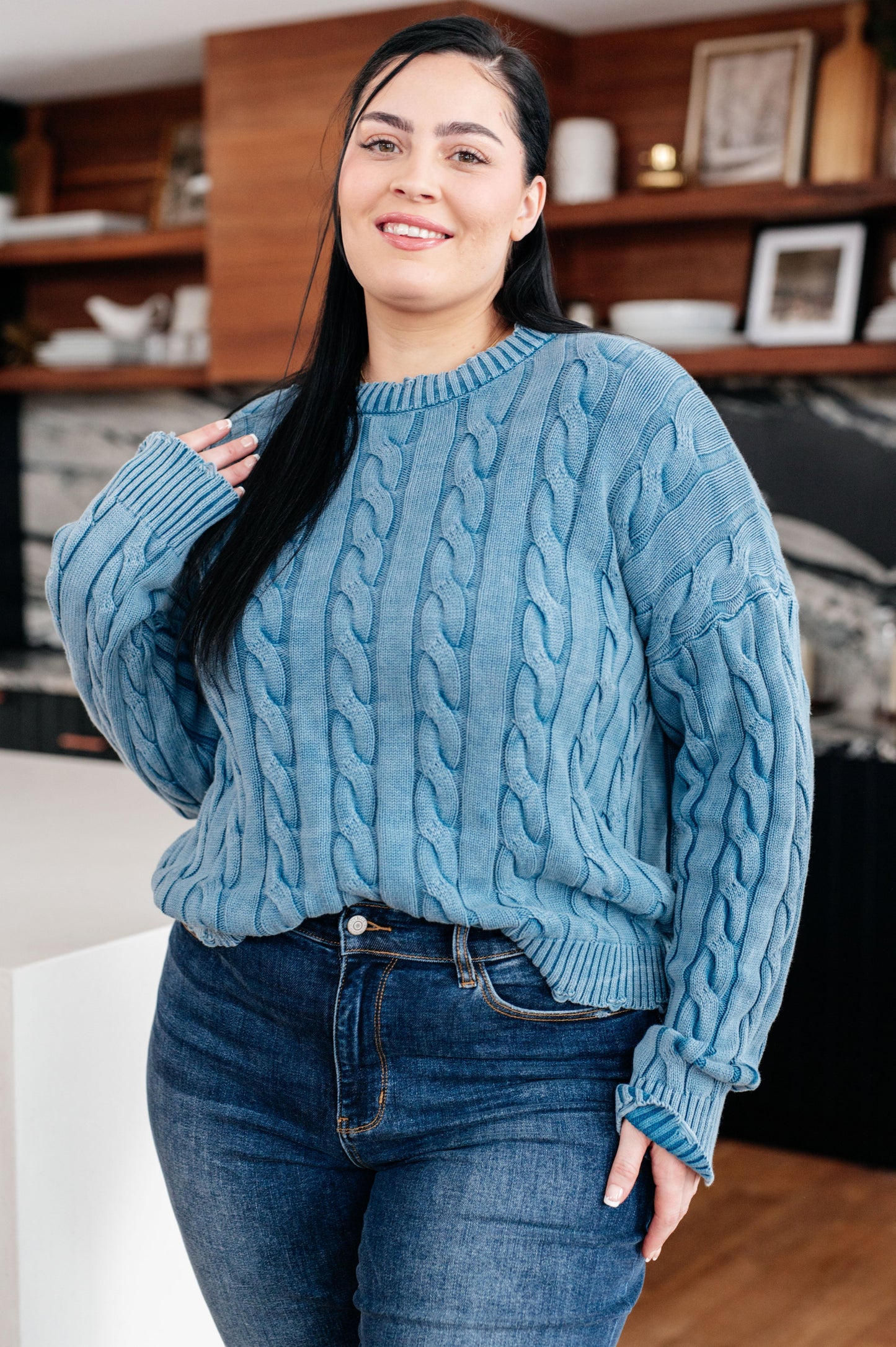 In the Right Direction Cable Knit Sweater in Dusk Blue