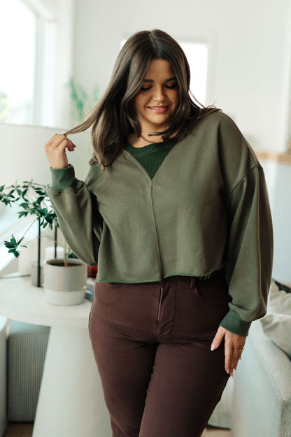 Just a Casual Crop Pullover in Oil Green