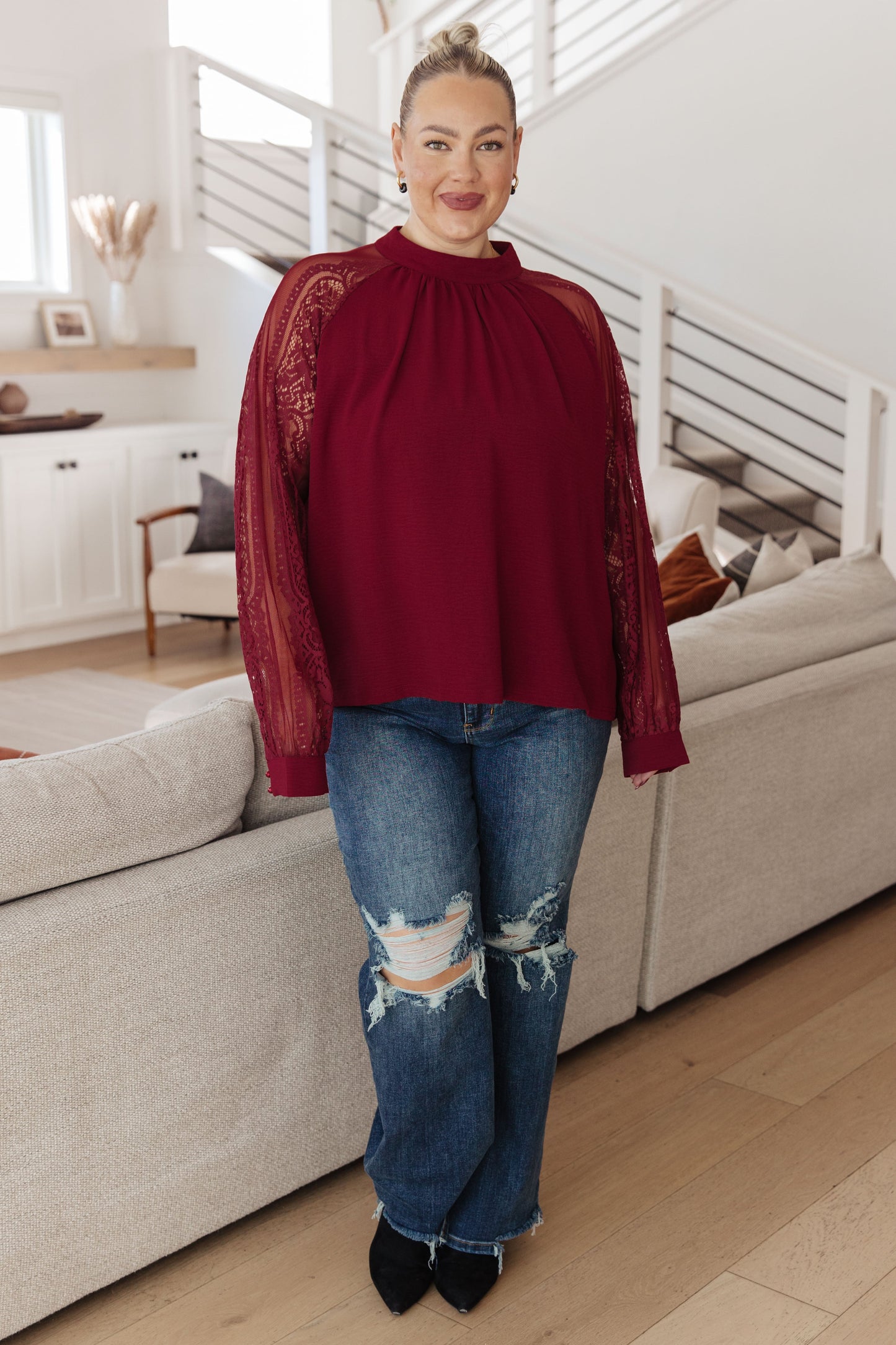 Lace on My Sleeves Blouse in Burgundy
