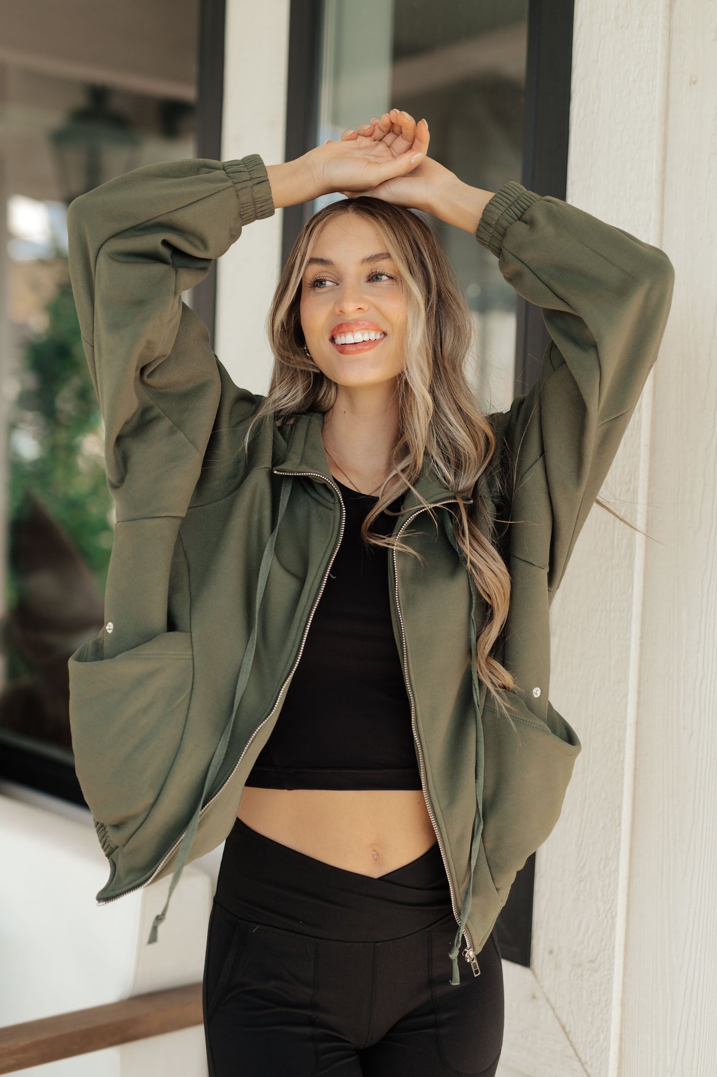 Miss You More Zip Up Sweatshirt in Coyote Green