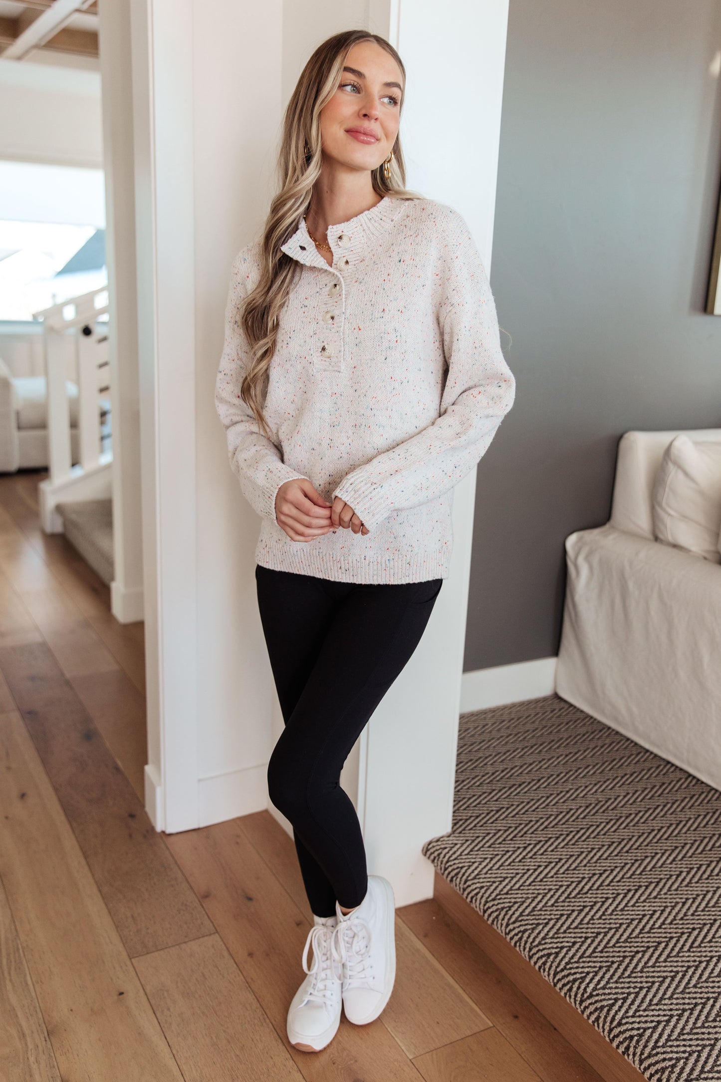 Never Give Up Henley Sweater in Platinum Fleck