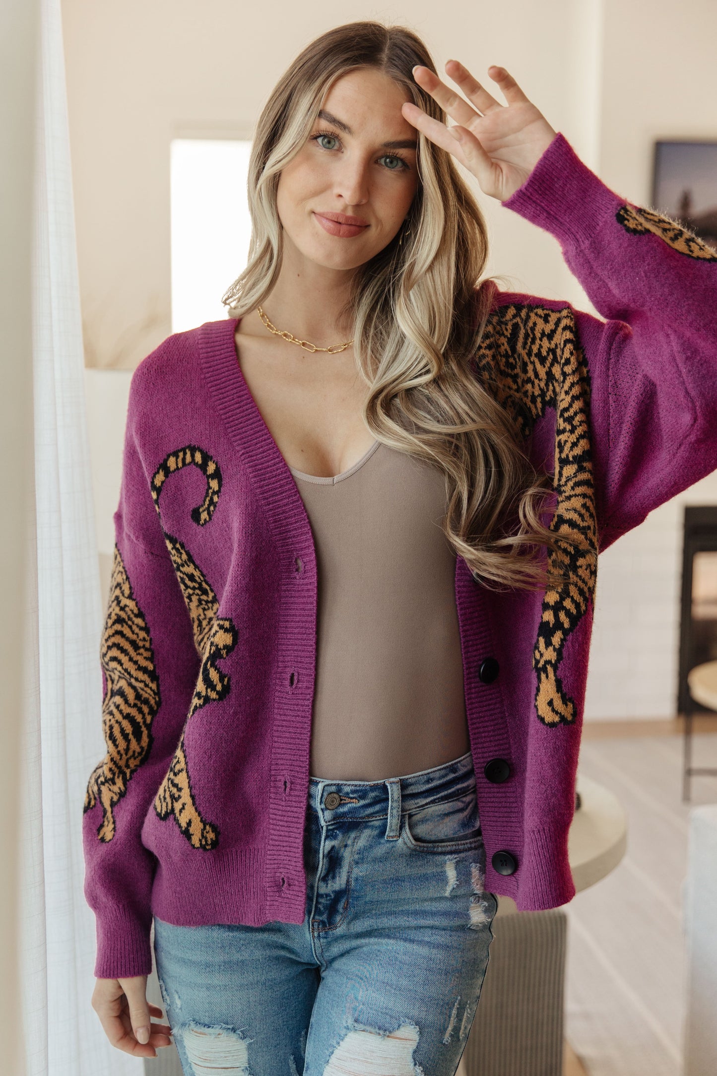 On the Prowl Tiger Cardigan in Grape Kiss