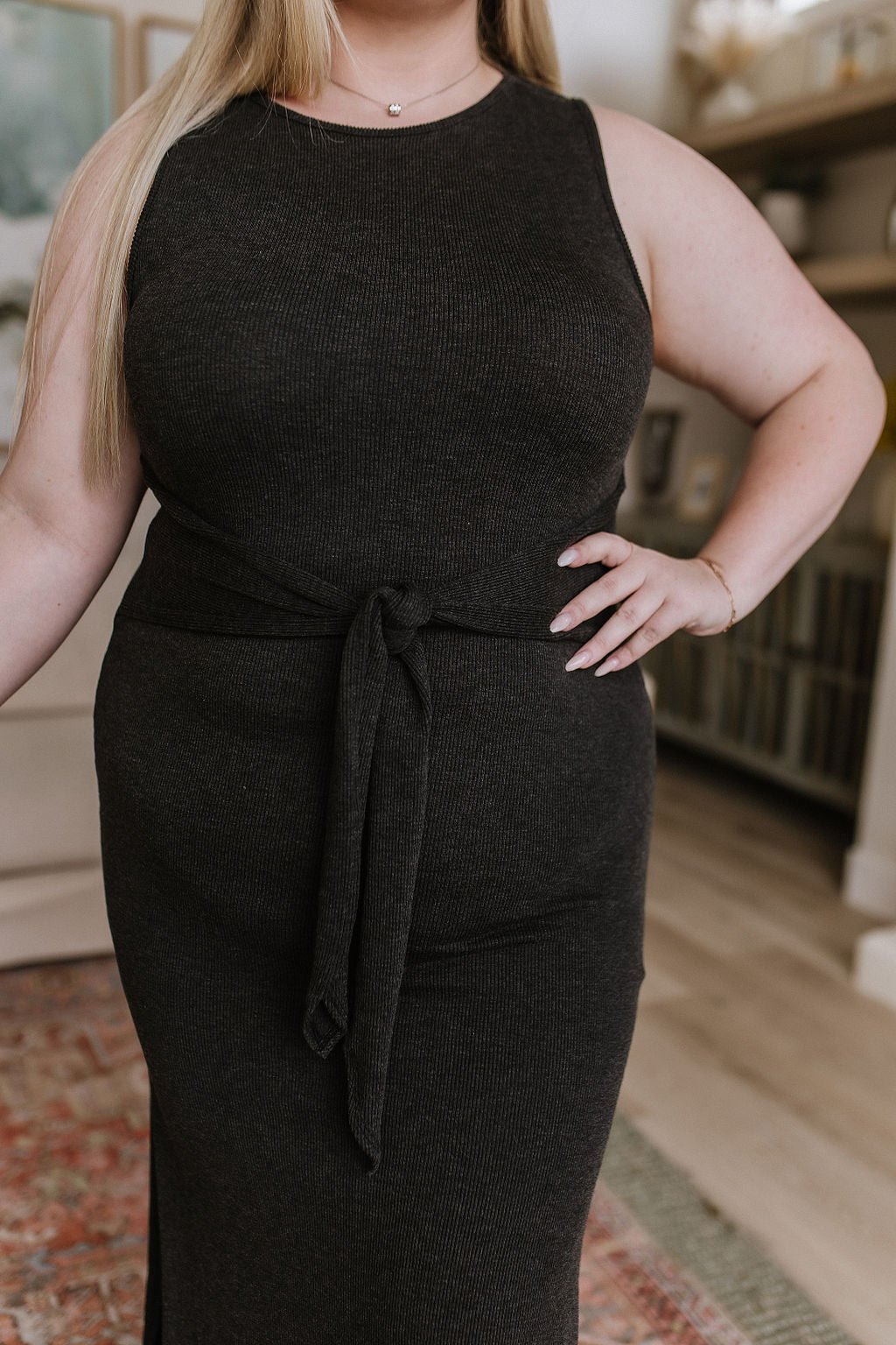 Out on the Town Tie Detail Midi Dress in Charcoal | 6 Sizes