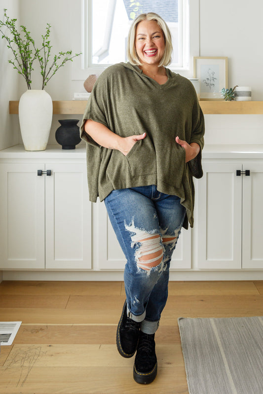Perfectly Poised Hooded Poncho in Aloe Olive