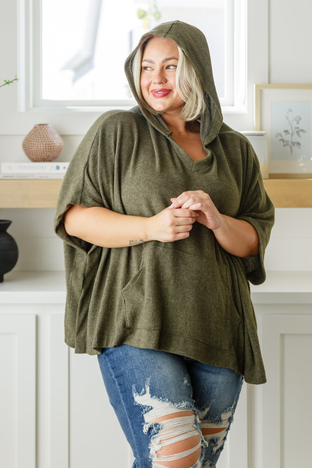 Perfectly Poised Hooded Poncho in Aloe Olive