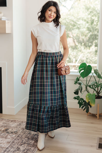 Plaid Perfection Maxi Skirt in Biscay Bay