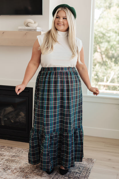 Plaid Perfection Maxi Skirt in Biscay Bay