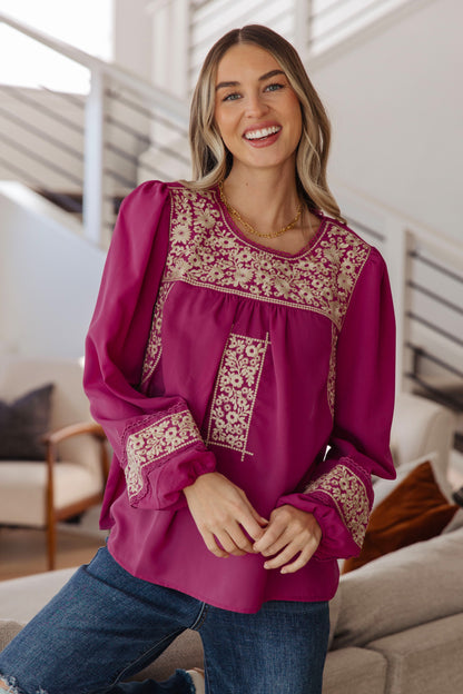 Rodeo Queen Embroidered Blouse in Raspberry Rose