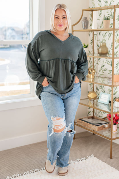 She's Not Wrong Hooded V-Neck Pullover in Mulled Basil