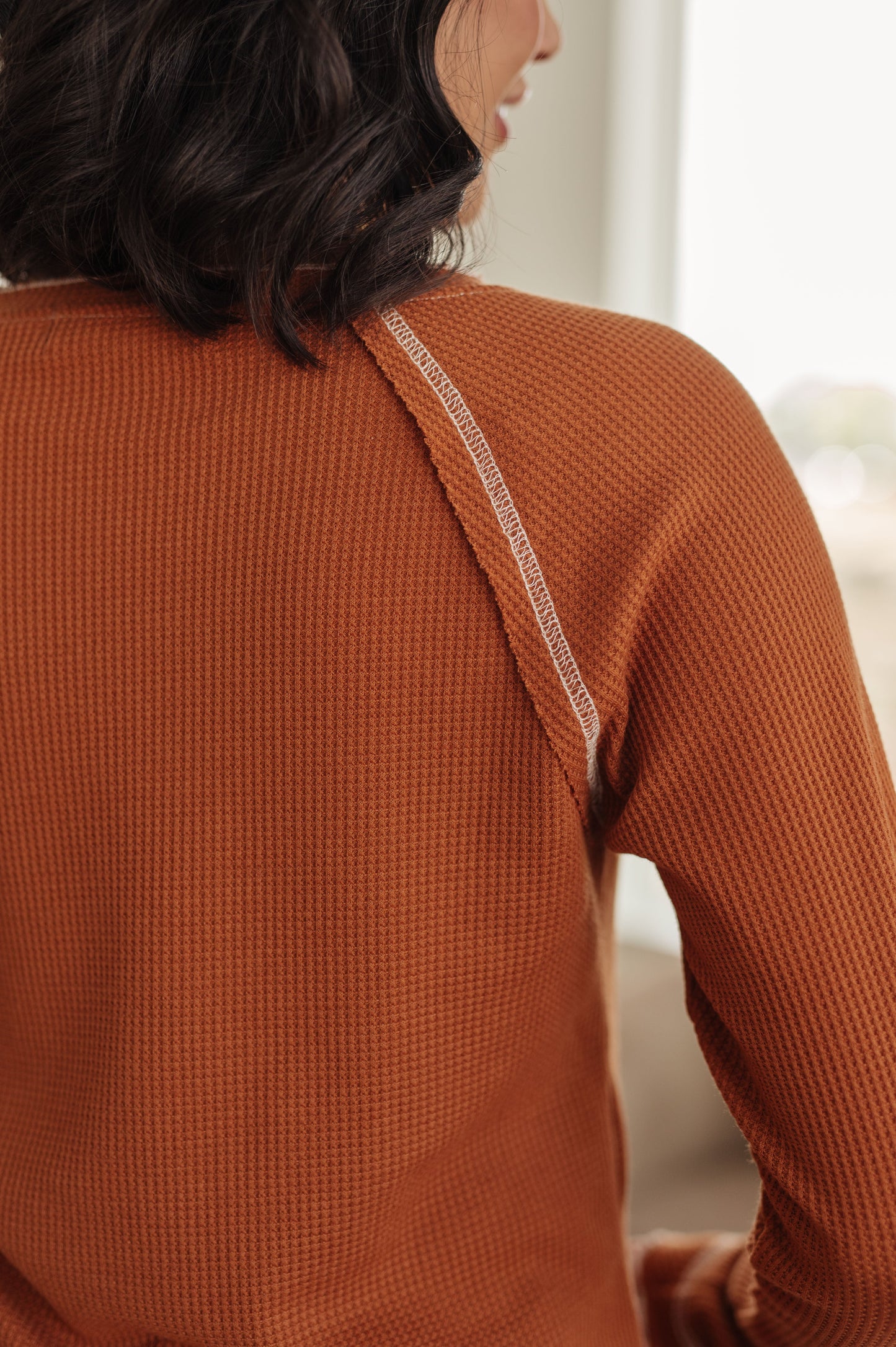 Stitch In Time Waffle Knit Top in Rust Brown