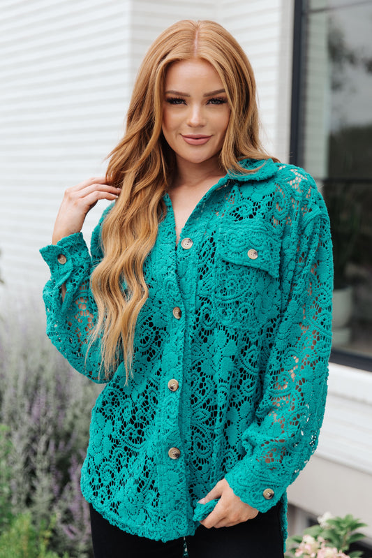 Topped with Lace Button Down in Blue Turquoise